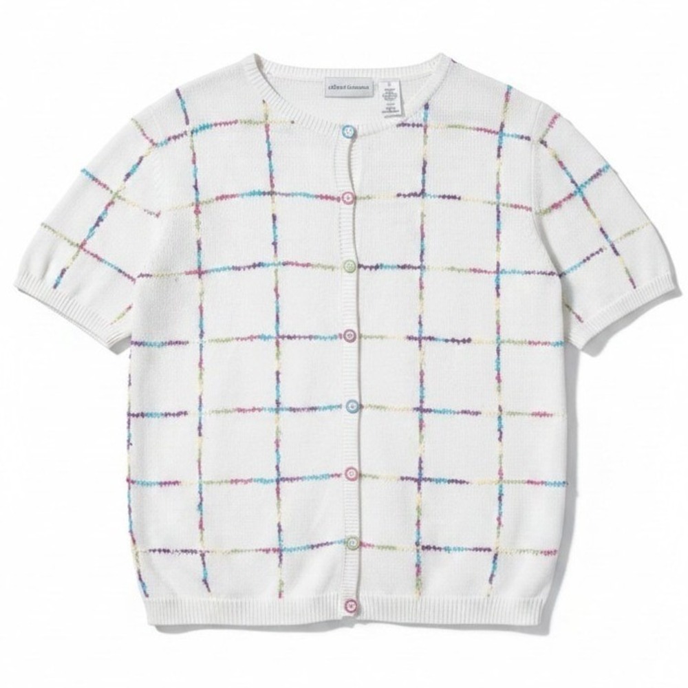 Alfred Dunner White Knit Cardigan, Women's Large Colorful Plaid Top Short Sleeve